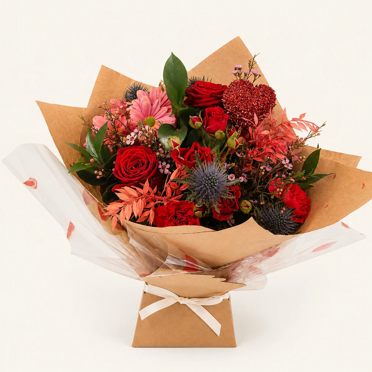 Red rose Lotty's Signature Romance Bouquet with pink flowers and foliage