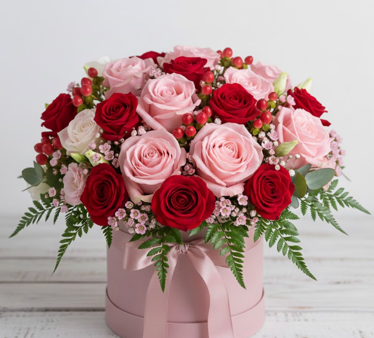 Bouquet of red, pink, and white roses in a pink box on a light wooden surface.