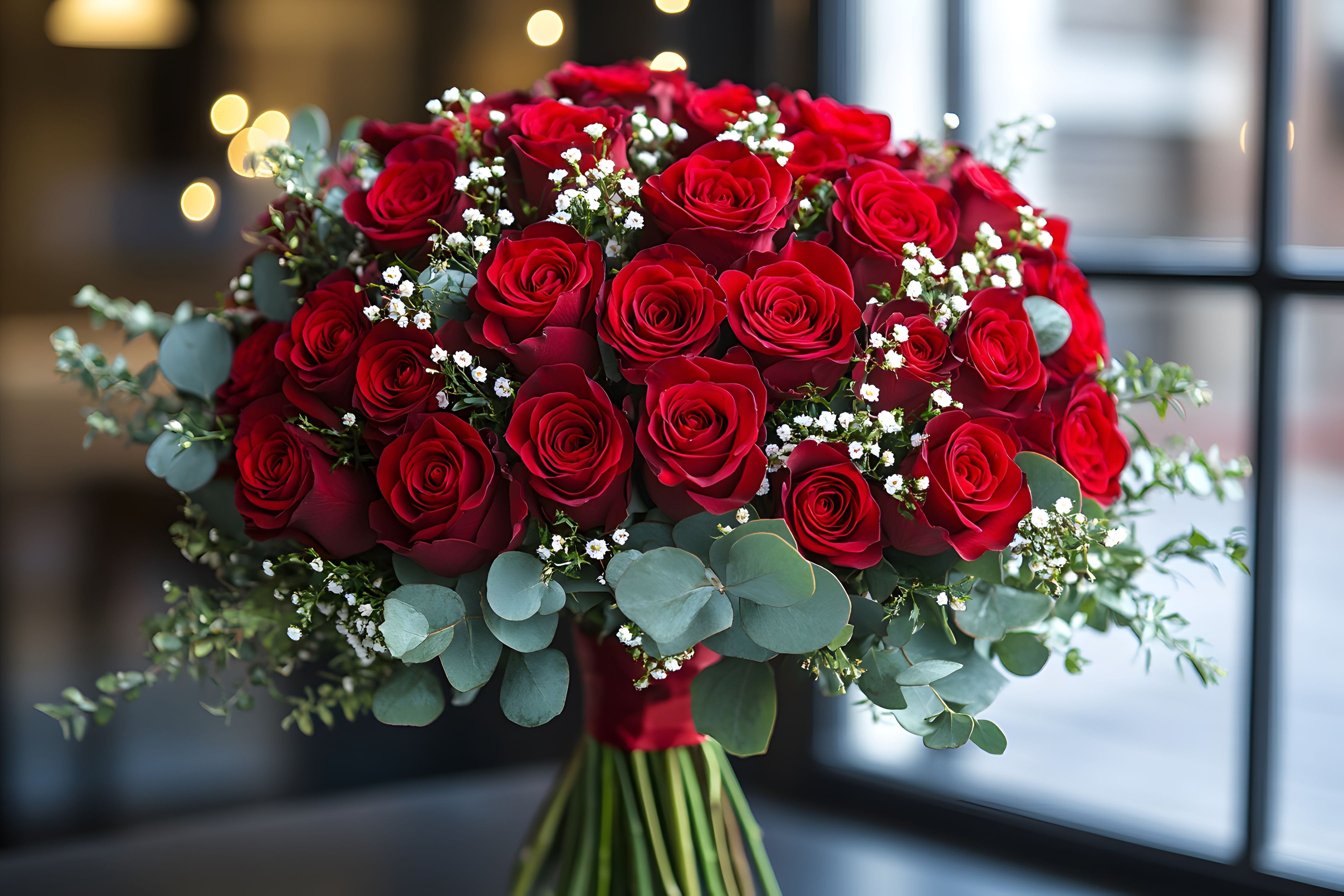 Large hand-tied bouquet of red roses with gypsophila and eucalyptus