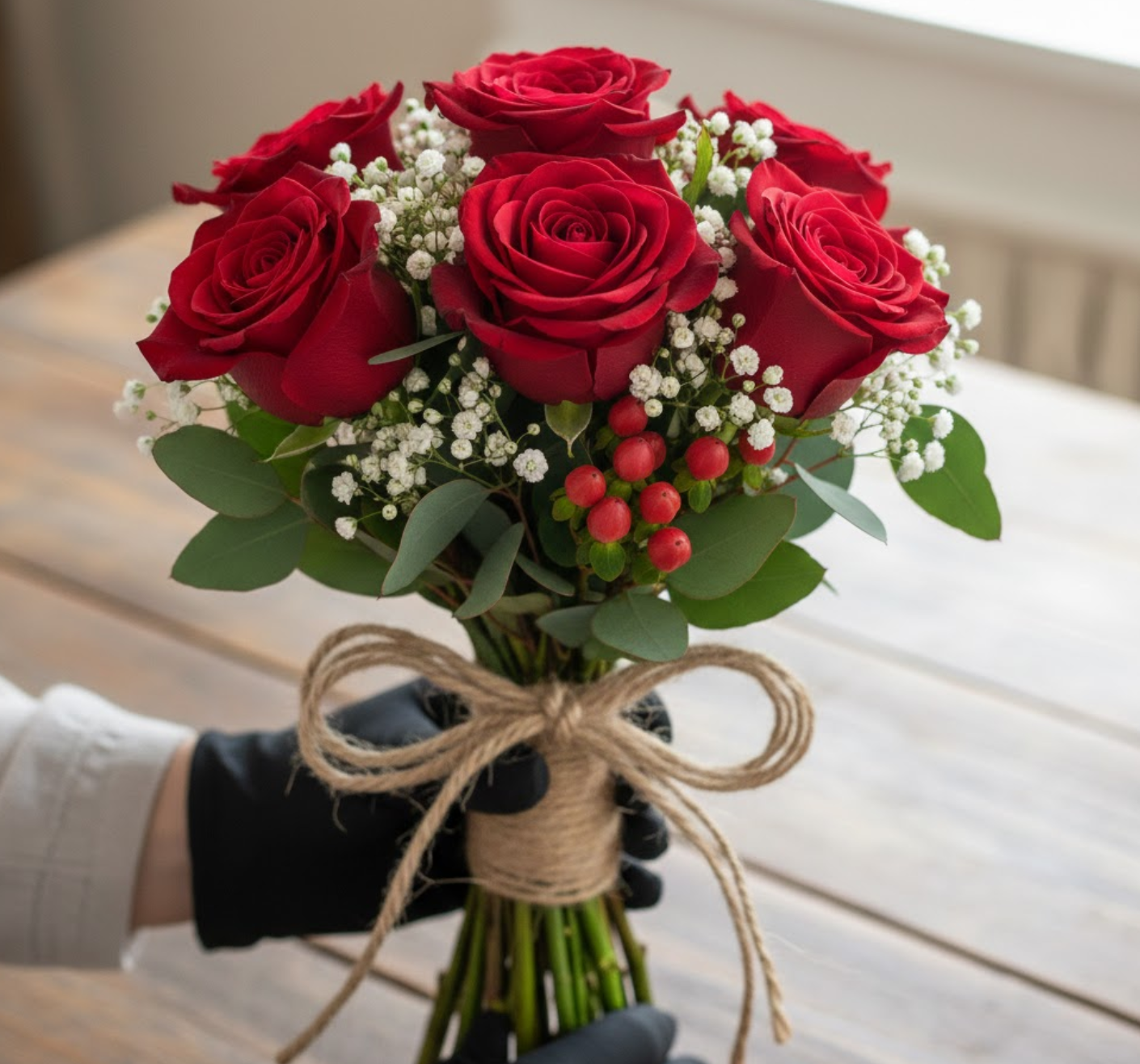 Florist holding six red roses with gypsophila and eucalyptus