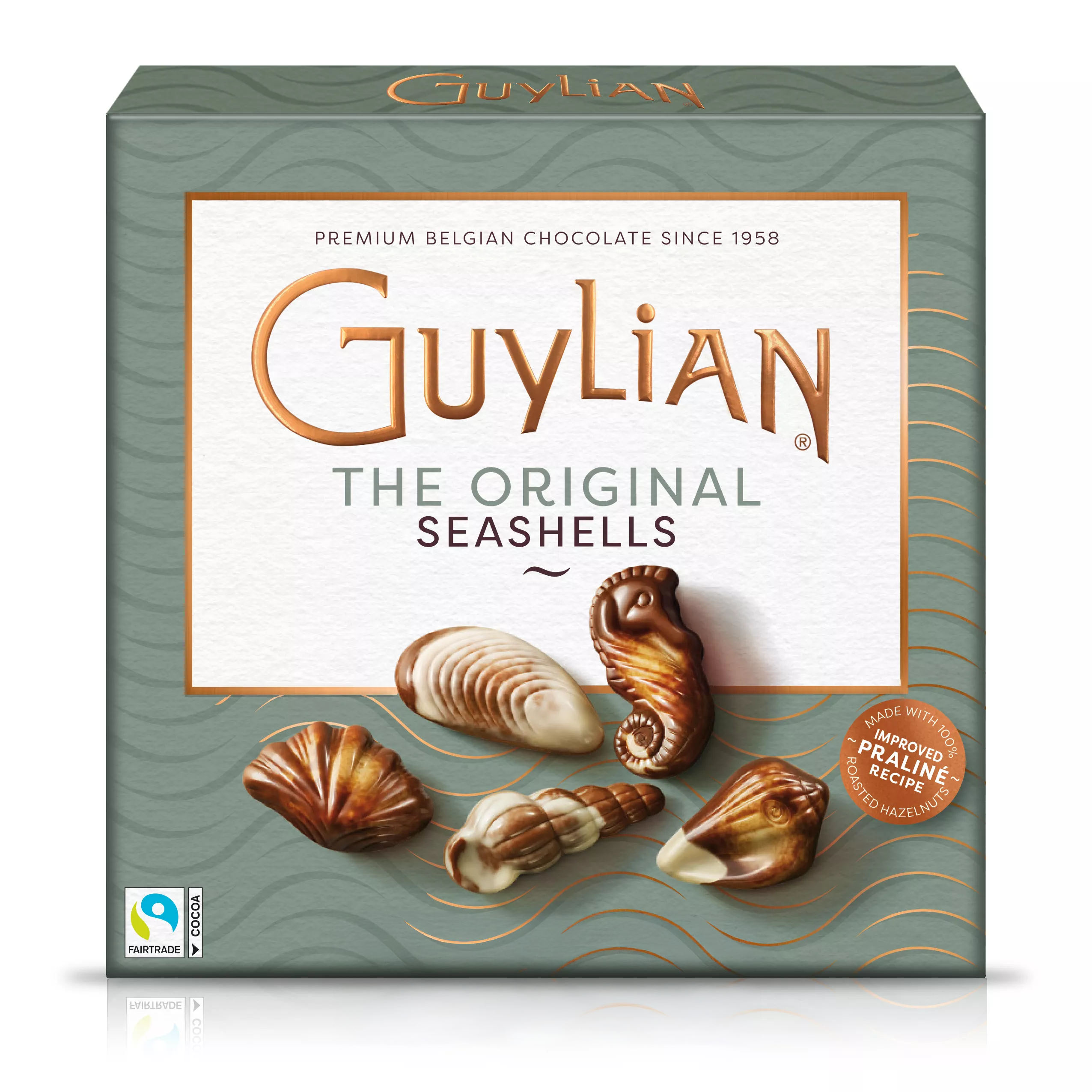 Guylian chocolate seashell packaging on a white background
