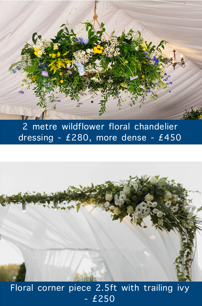 Floral chandelier and corner piece with trailing Ivy