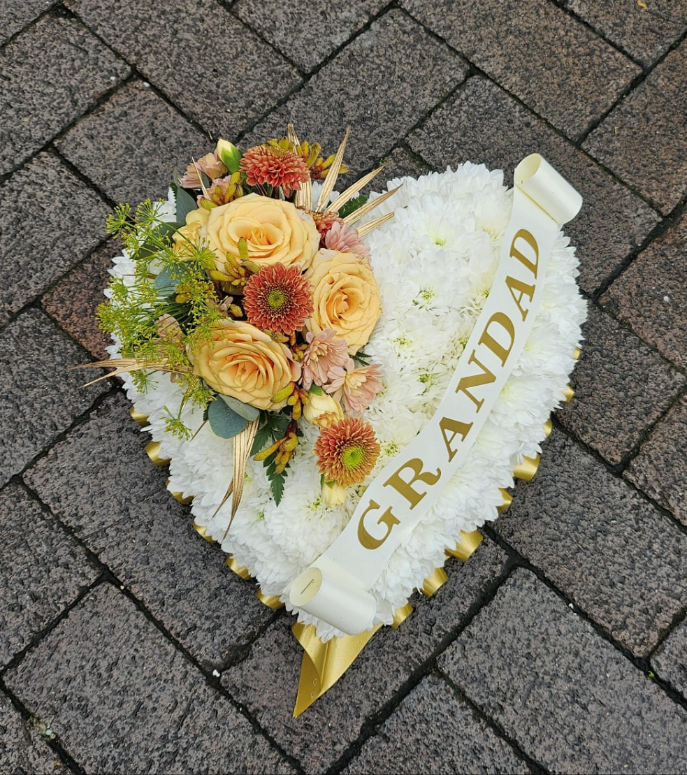 Solid white heart with corsage and lettering