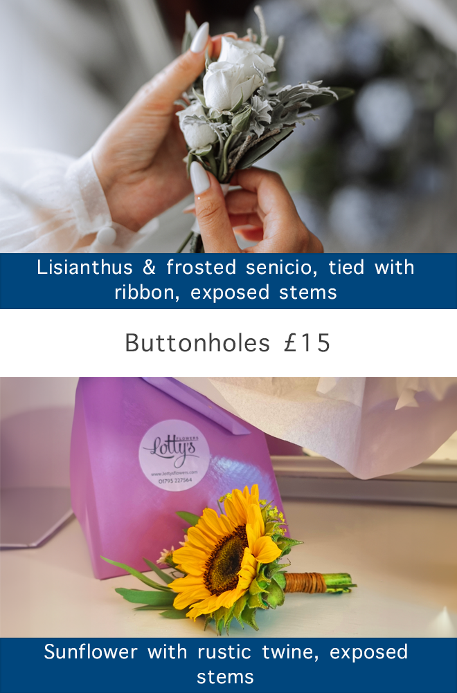 Lisianthus & frosted senicio and Sunflower buttonholes