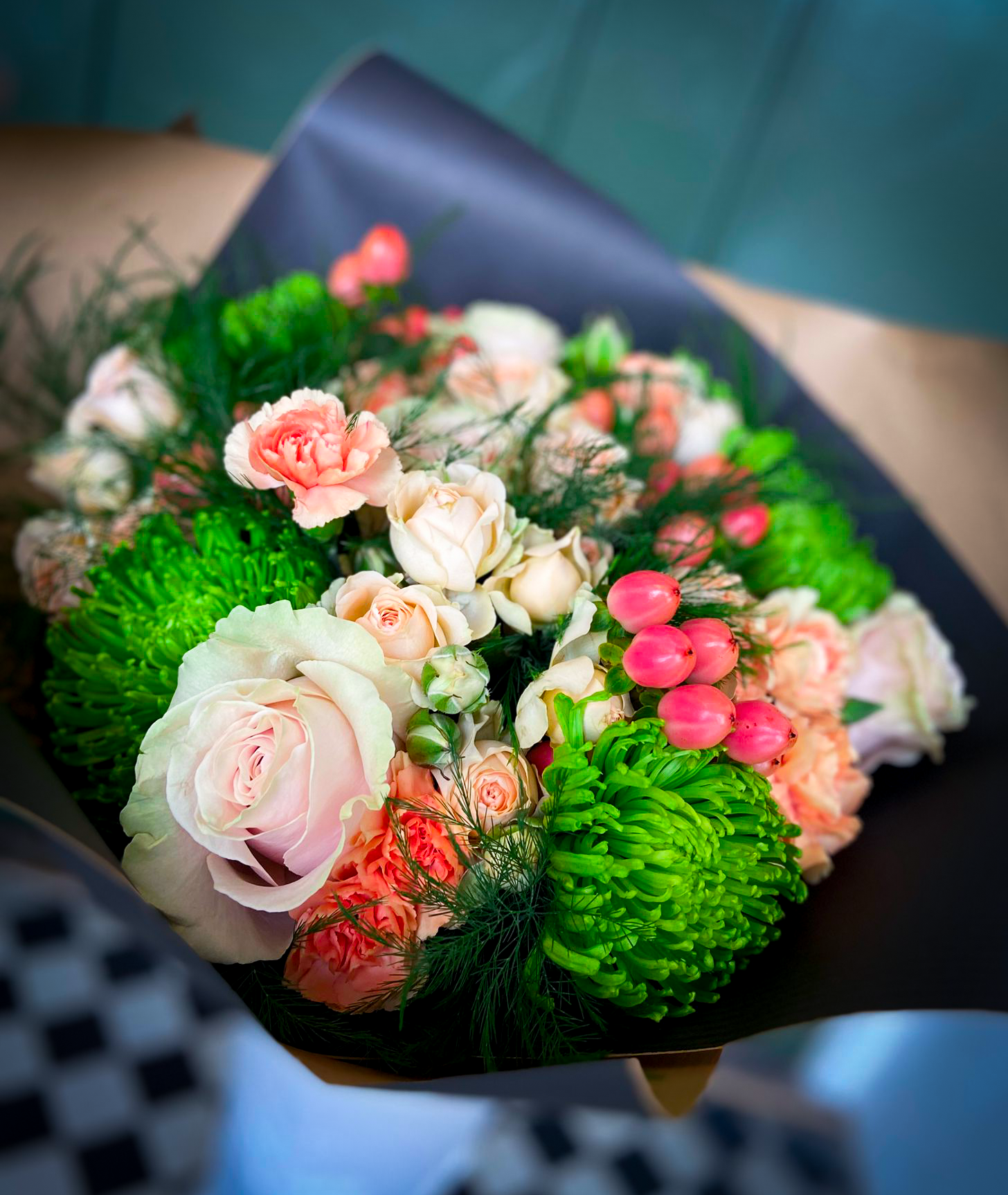 Blush rose and green chrysanthemum Lotty's Signature Romance Bouquet