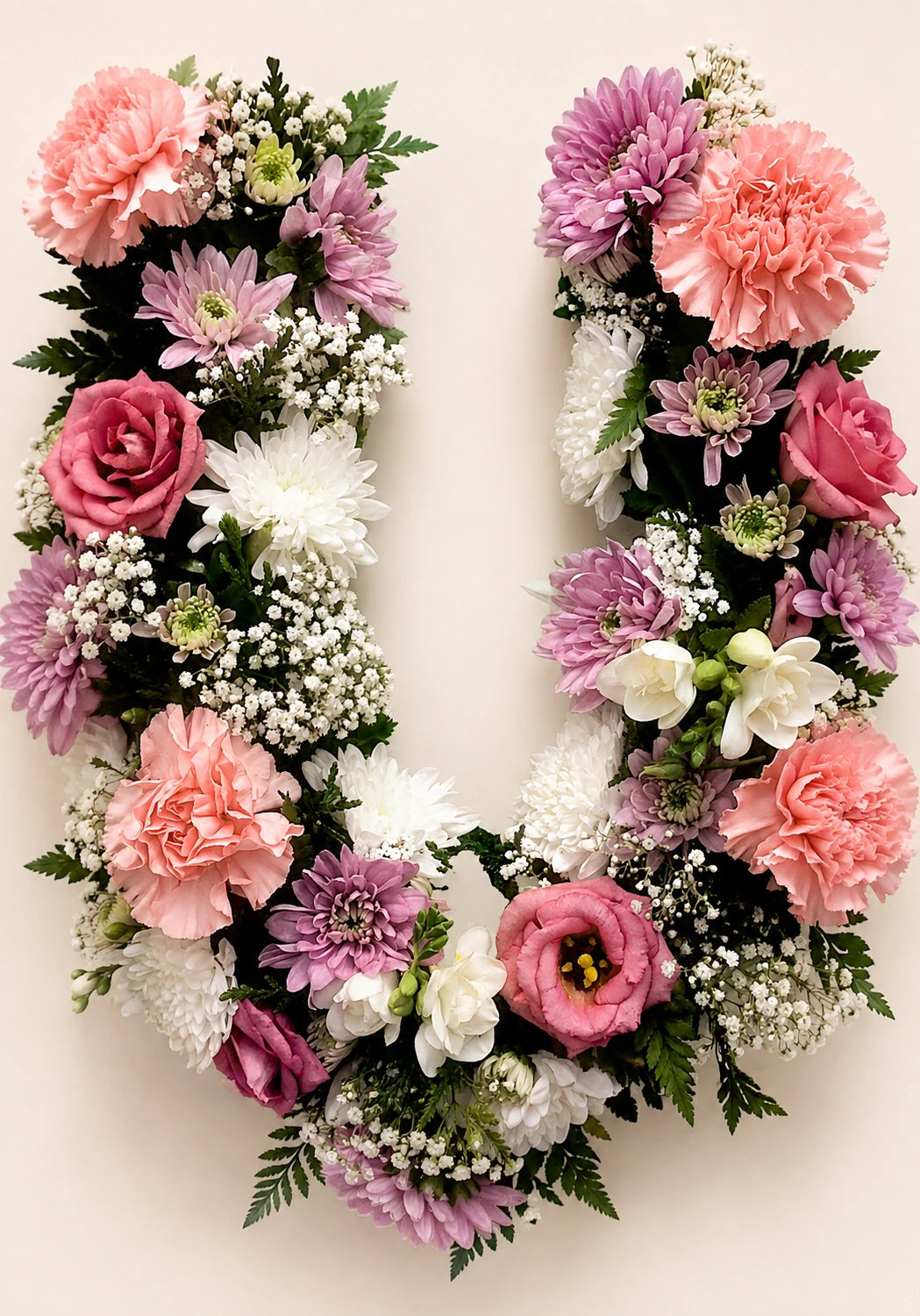 Letter U funeral tribute made with pink roses, carnations, purple flowers and gypsophila