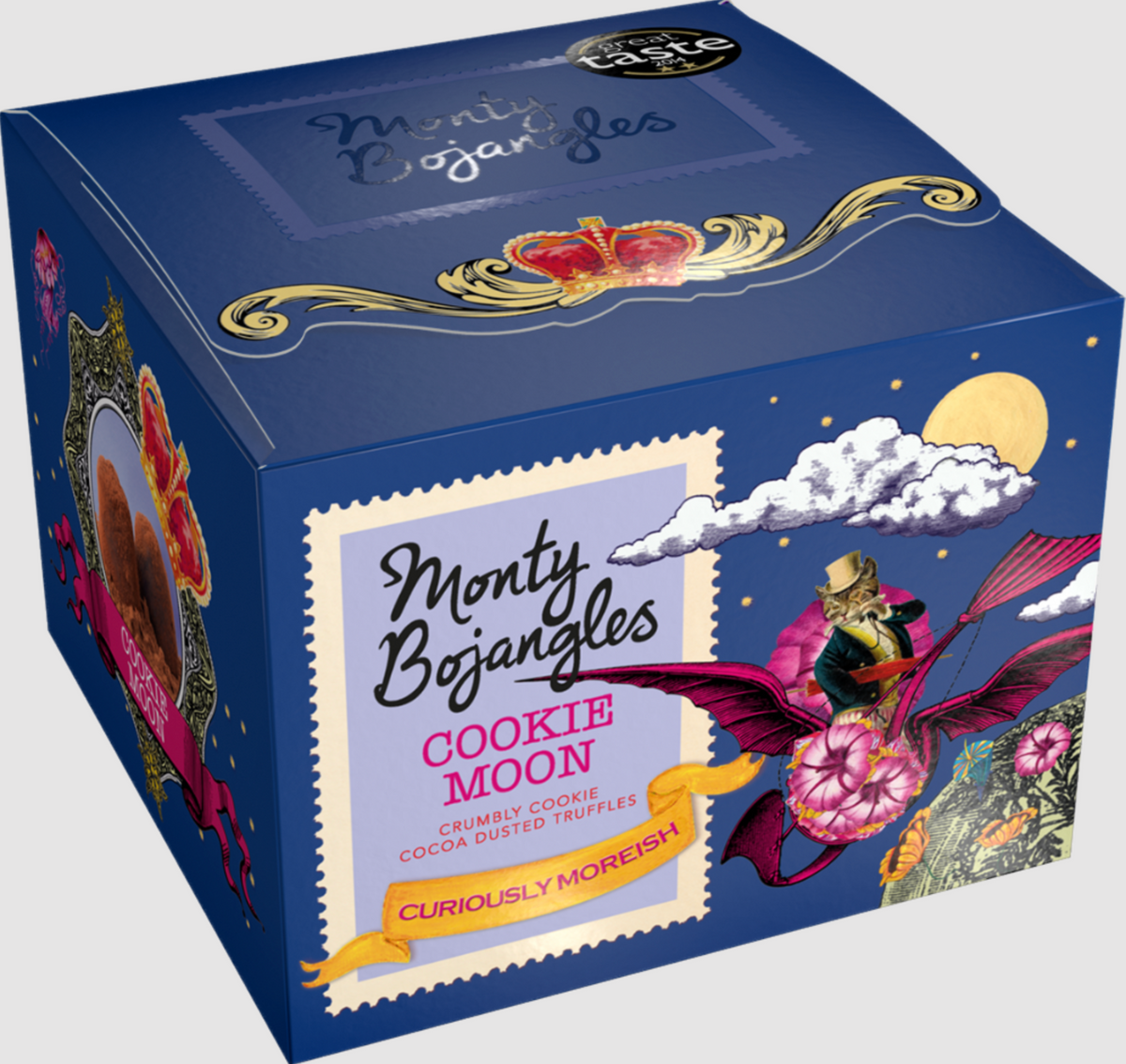 Monty Bojangles Cookie Moon cocoa-dusted chocolate truffles in a blue illustrated gift box