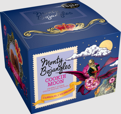 Monty Bojangles Cookie Moon cocoa-dusted chocolate truffles in a blue illustrated gift box