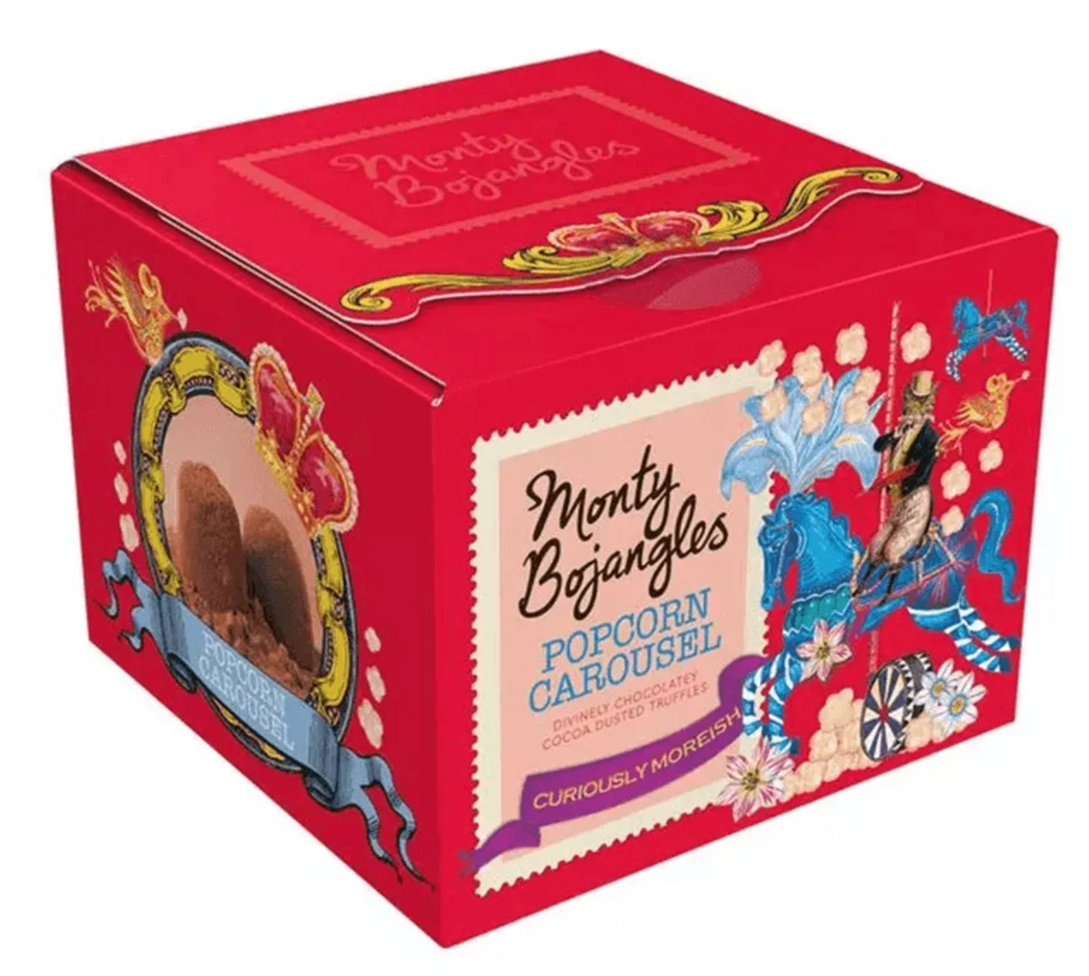 Monty Bojangles Popcorn Carousel cocoa-dusted chocolate truffles in a red gift box with a blue carousel illustration