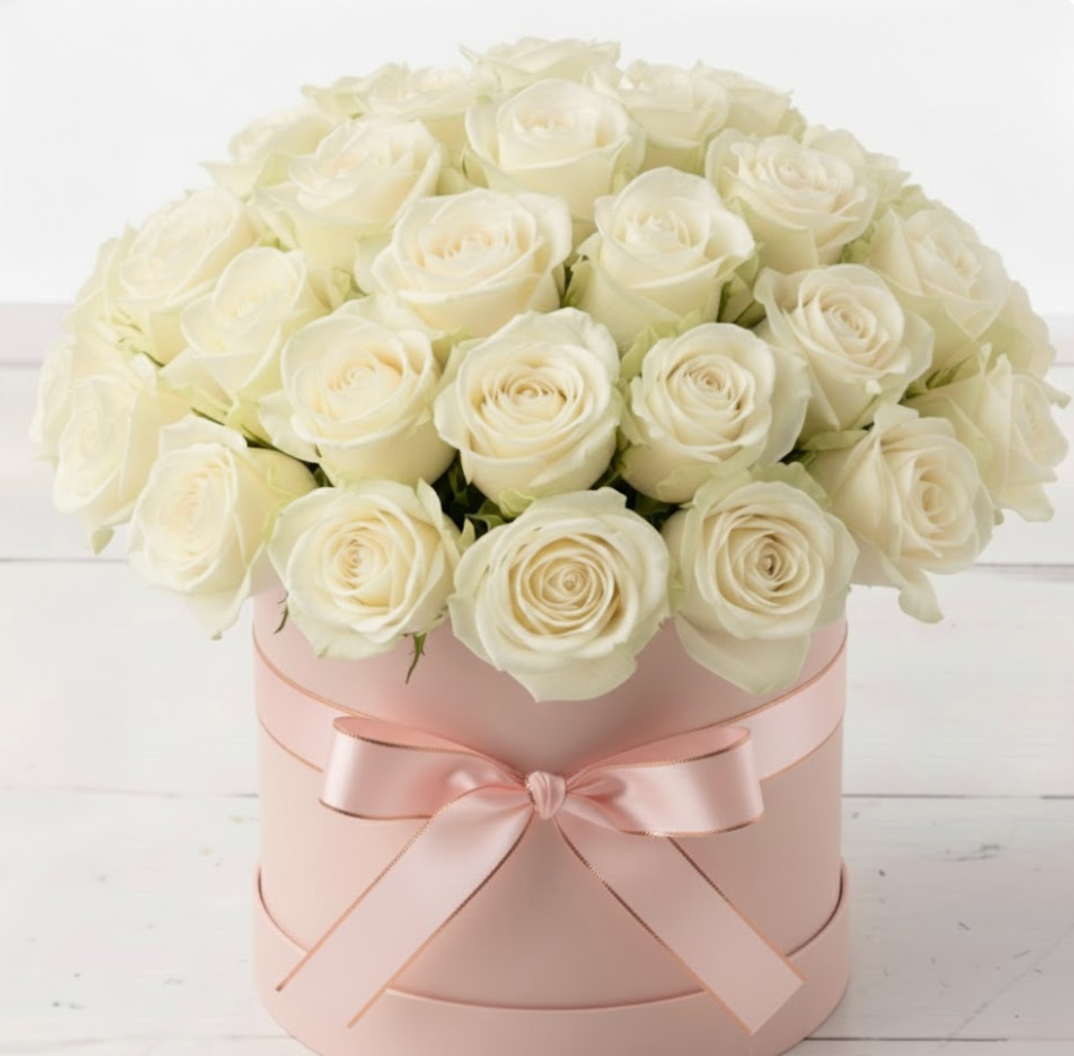 Pink box with white roses on a light wooden surface