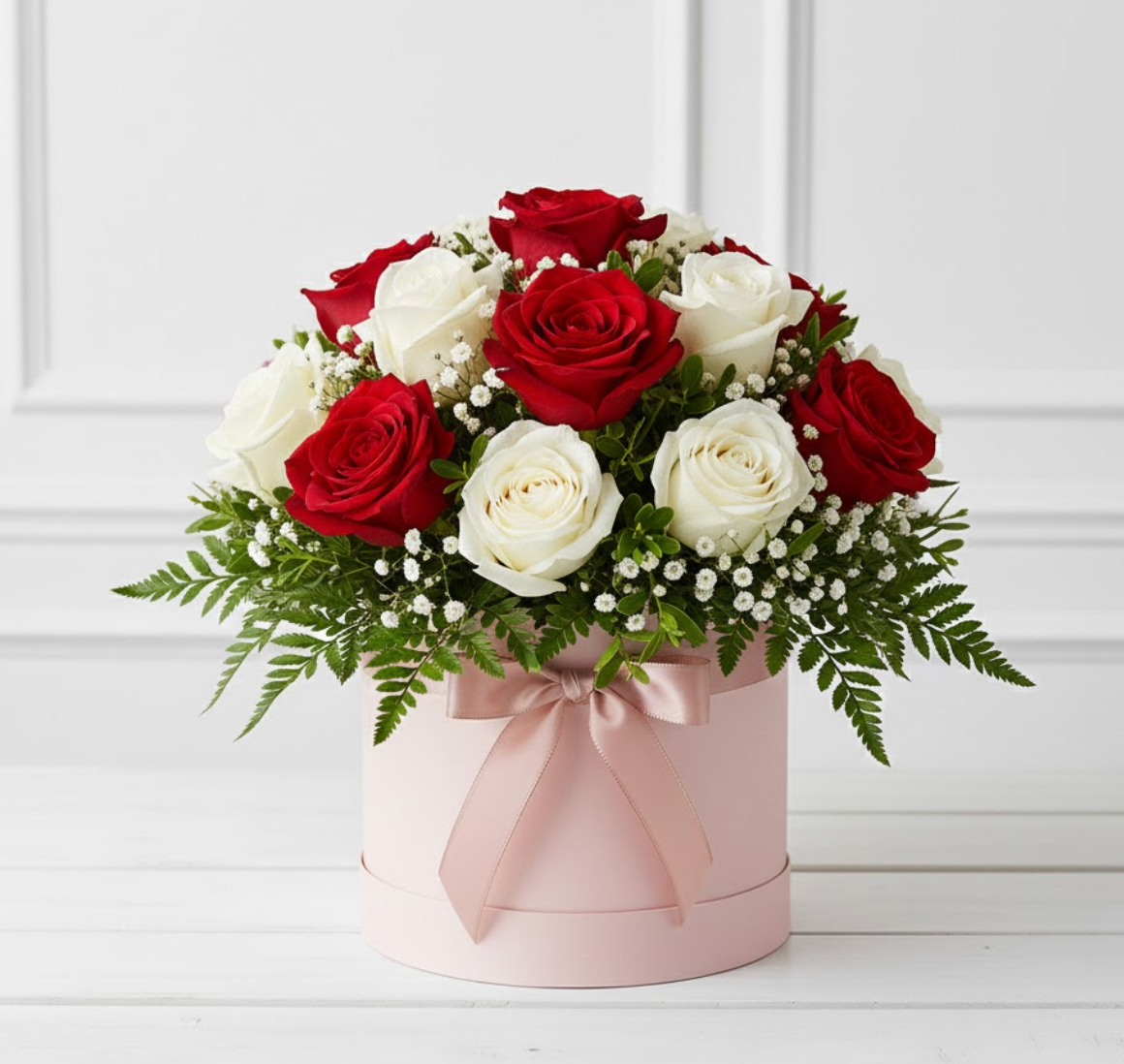 Bouquet of red and white roses in a pink box with a bow on a white background