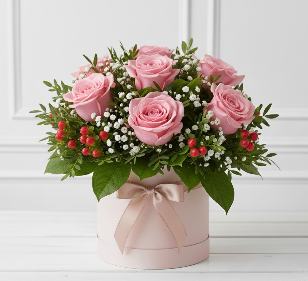 Bouquet of pink roses and greenery in a decorative box with a bow on a white background