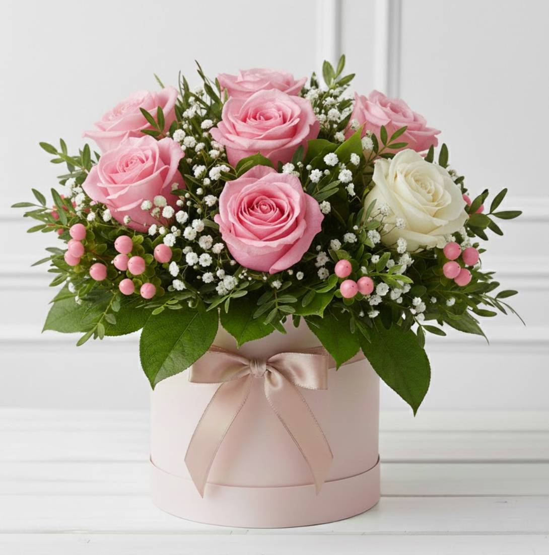 Bouquet of pink and white roses in a decorative box with a bow on a light background