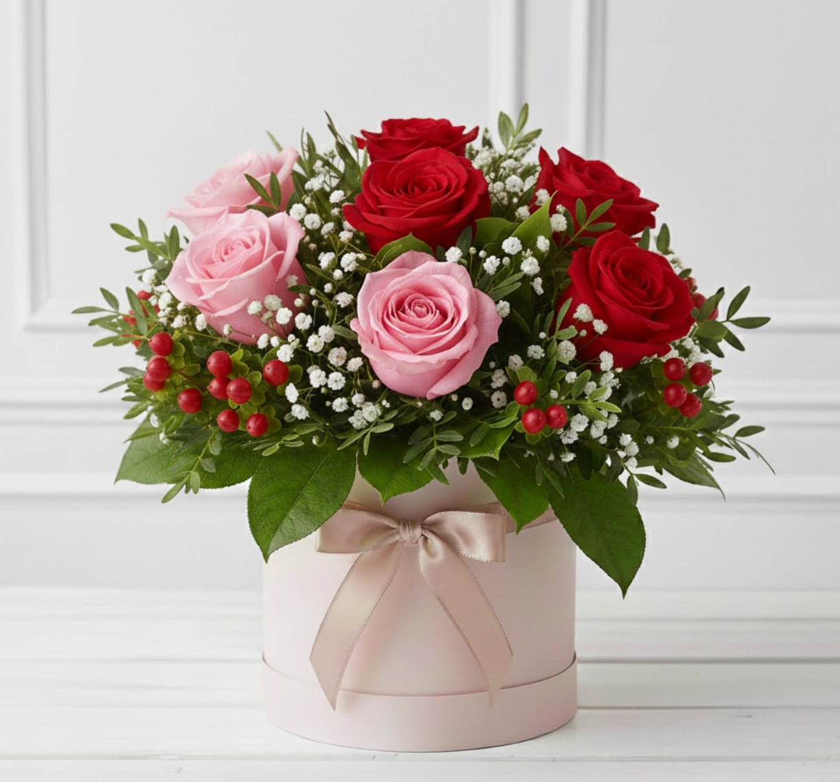 Bouquet of red and pink roses with greenery in a decorative box on a white background