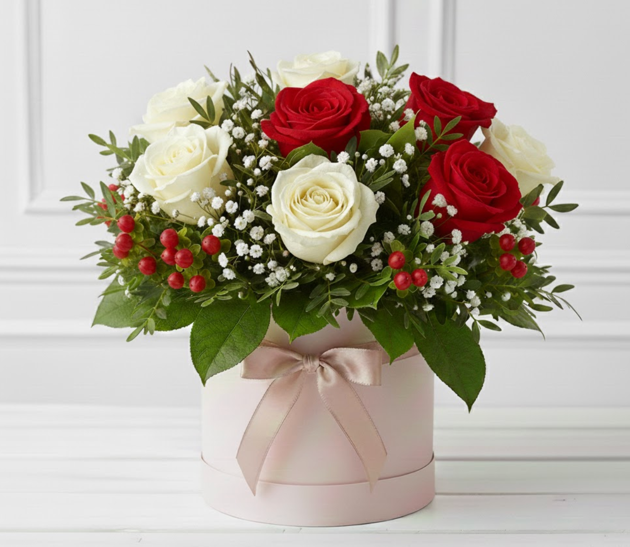 Bouquet of red and white roses in a decorative box with a bow on a light background