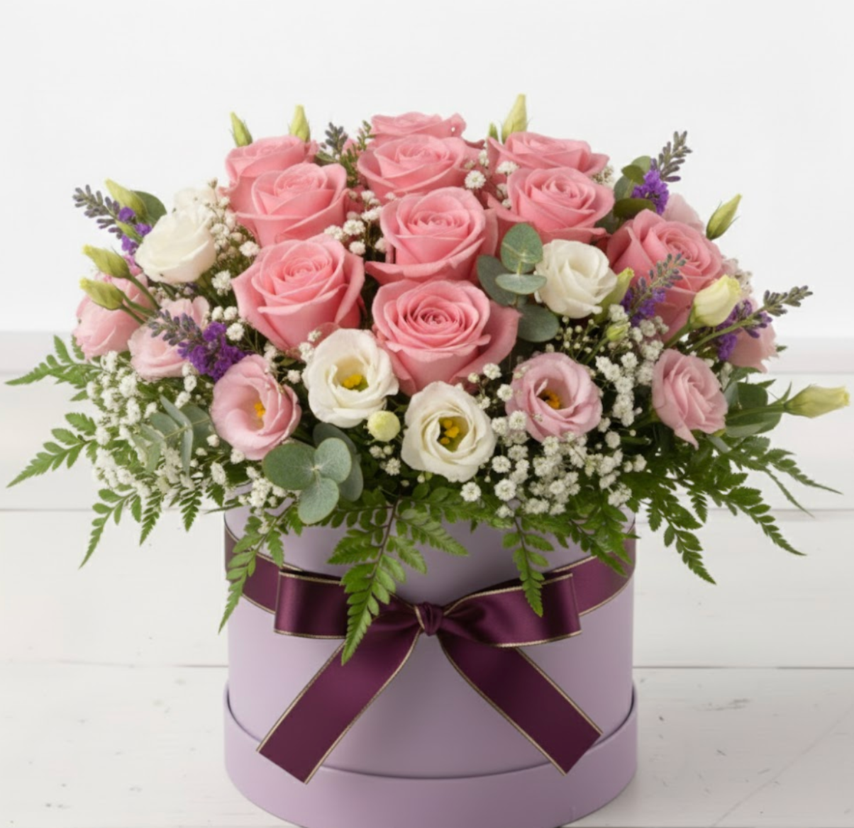 Floral arrangement in a purple box with a purple ribbon on a white background