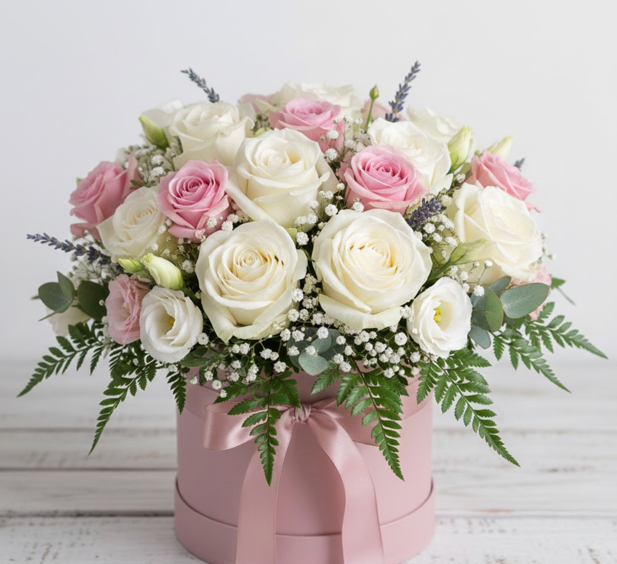 Bouquet of pink and white roses in a pink box on a light wooden surface.