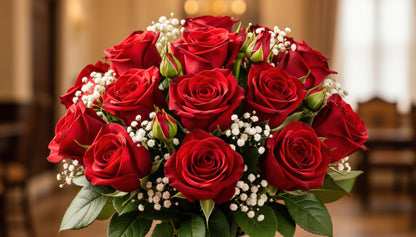 Red roses and gypsophila arranged in a clear glass vase