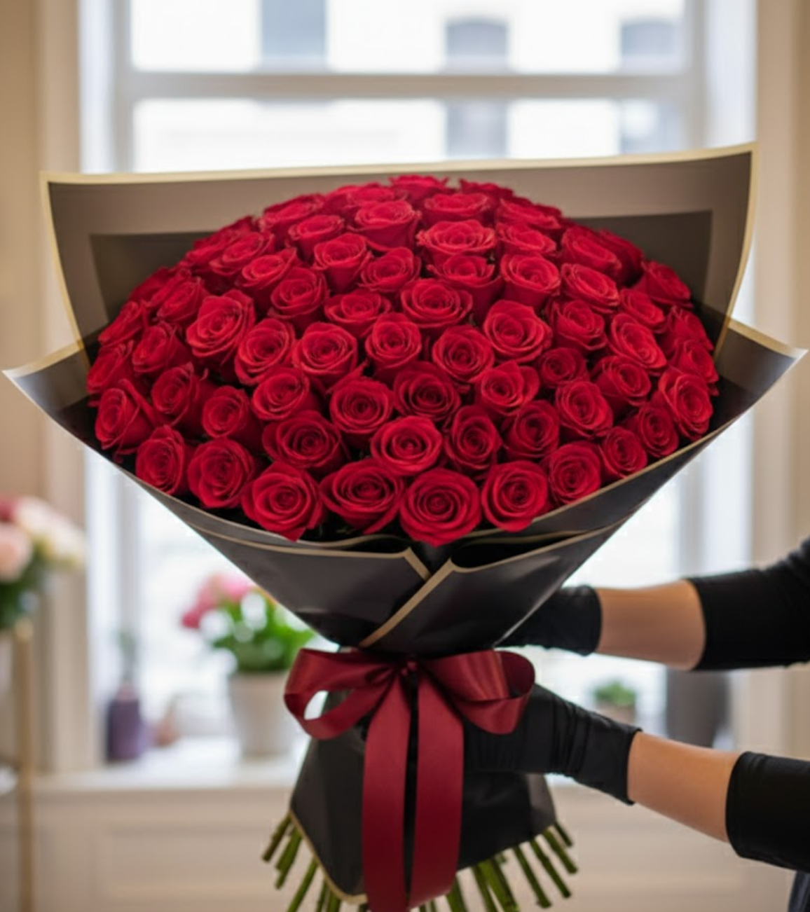 Florist holding a luxury bouquet of red roses wrapped in black and gold