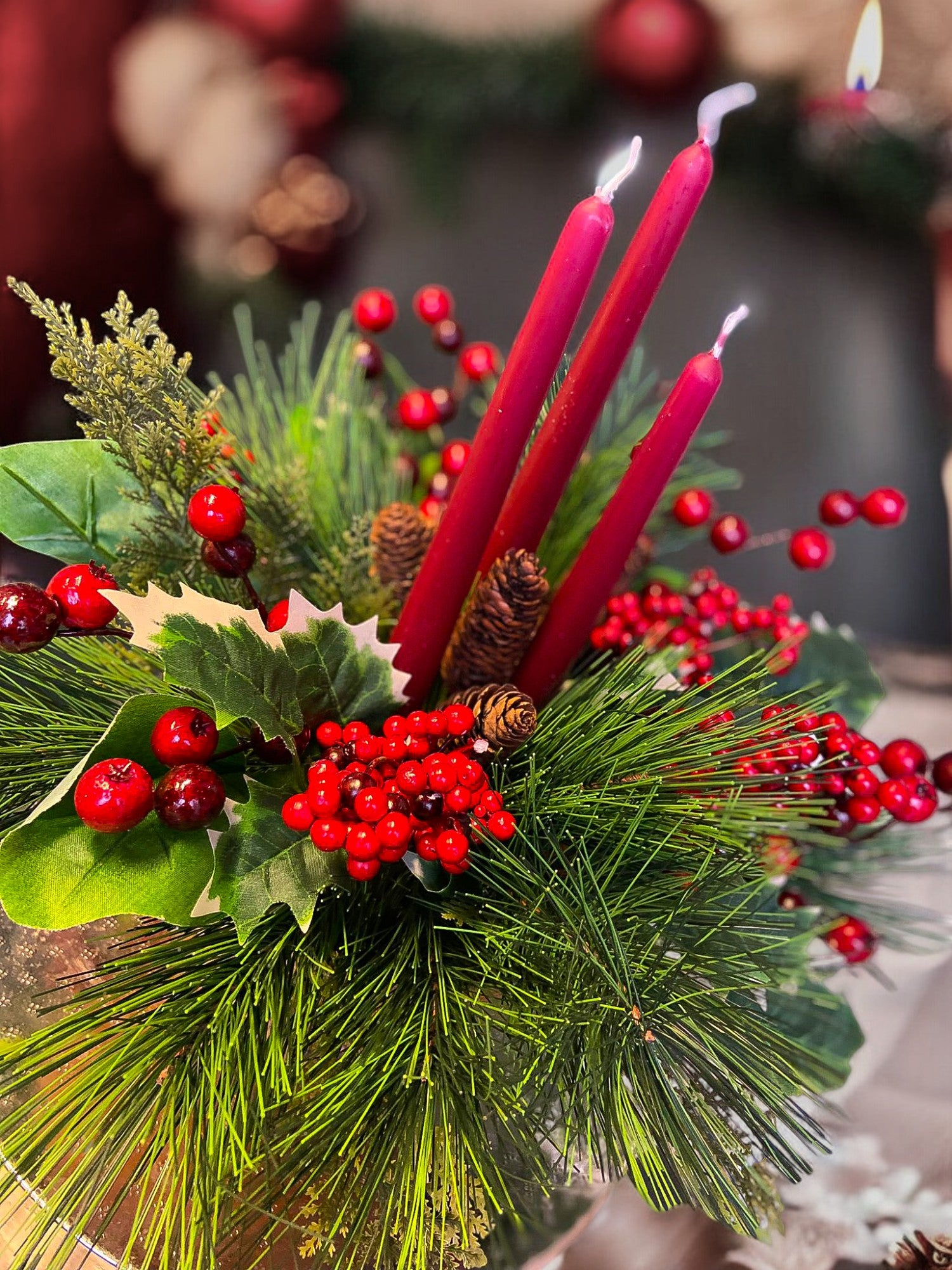 Trio of Candles & Berries with foliage