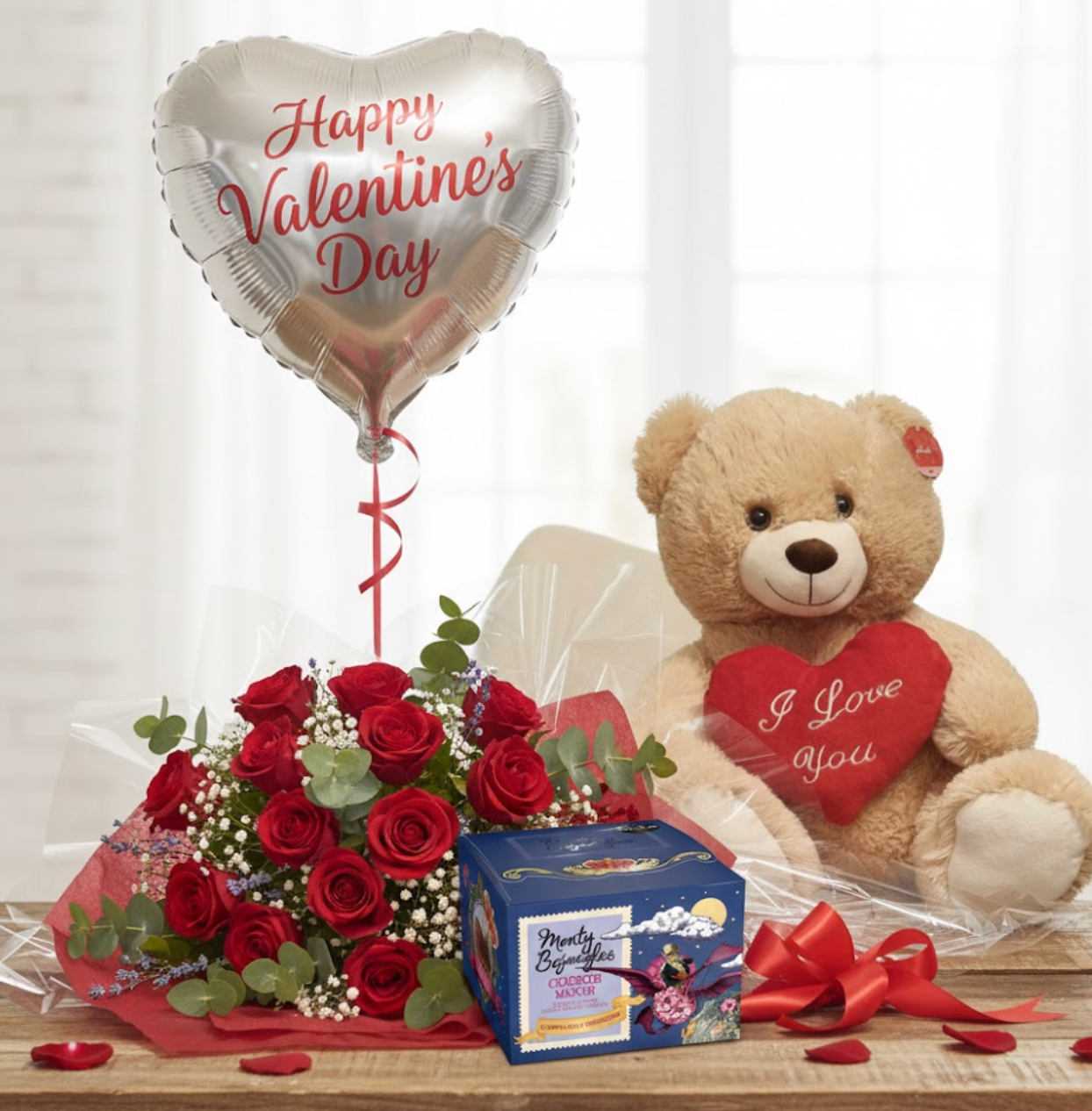 Valentine's Day arrangement with teddy bear, roses, and balloon on a table.