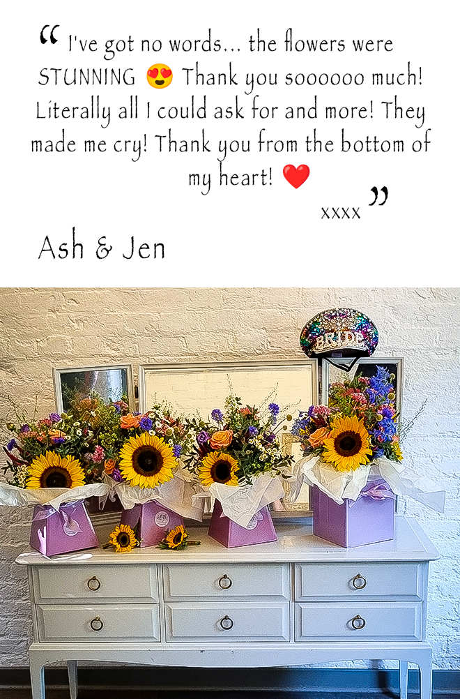 Sunflower and purple wedding bouquets in pink presentation boxes