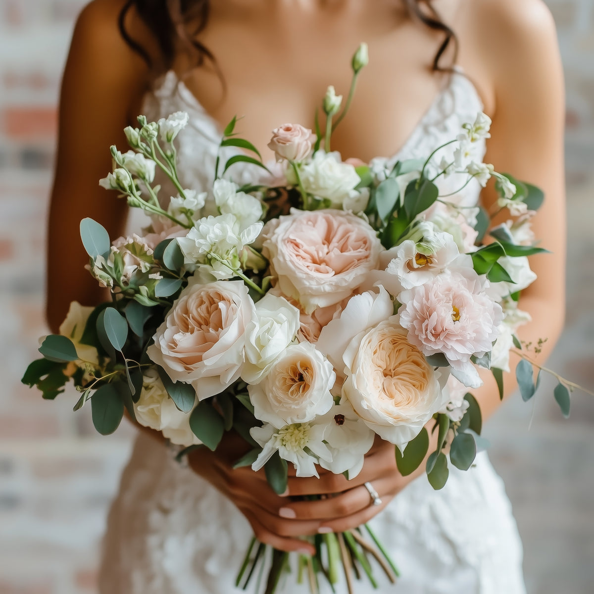 Bride holding a loose blush and ivory rose bouquet with eucalyptus and delicate white flowers.