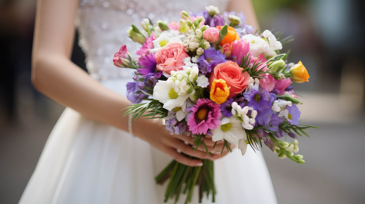 Bride holding a colourful bouquet of pink, yellow, orange, purple and white flowers.