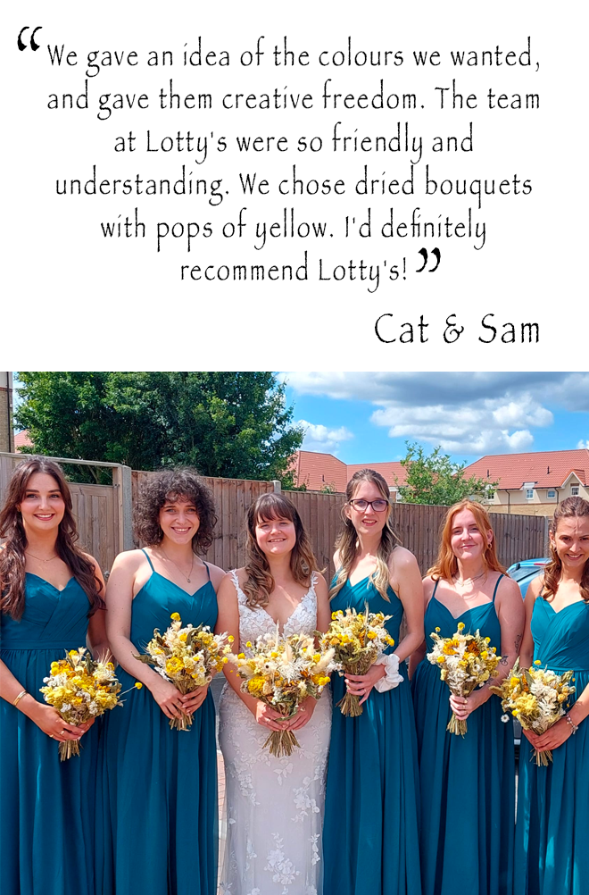 Bride and bridesmaids with dried yellow and white wedding bouquets