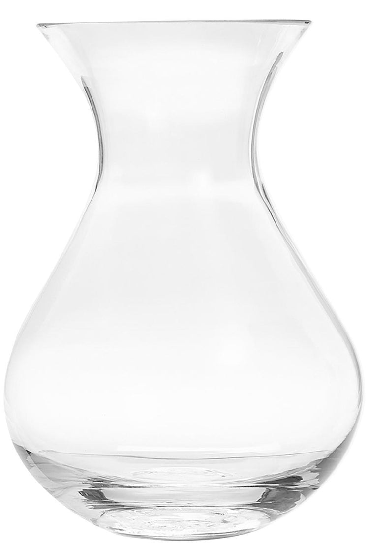Clear glass flower vase with a rounded base, narrow waist and flared neck
