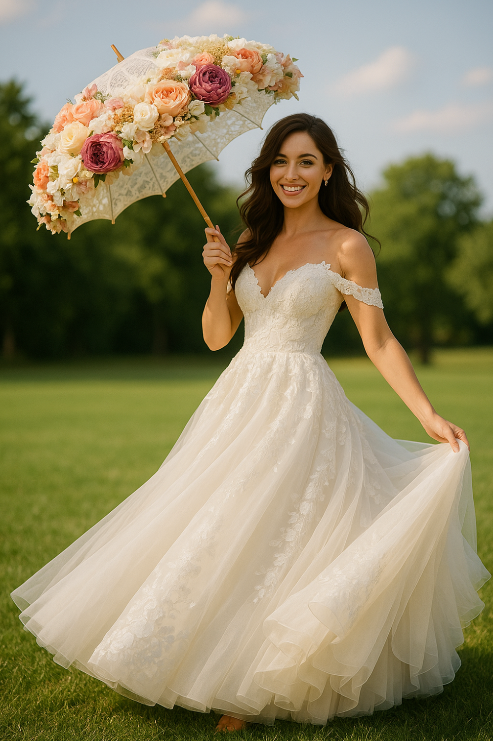 Bride holding a parasol decorated with flowers for a colourful wedding photograph.