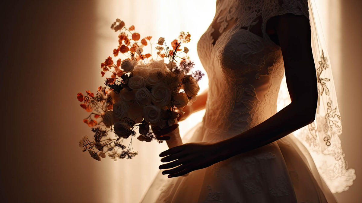 Bride holding a dried flower and rose bouquet in warm golden window light.