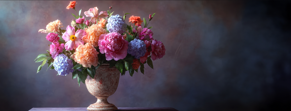 Pink, peach and blue flowers arranged in an ornate vase against a dark background