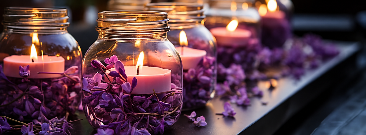 Purple flowers surrounding glowing candles in glass jars