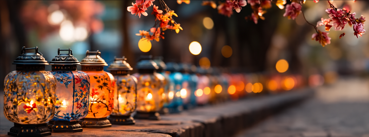 Decorative lanterns glowing beneath flowering branches