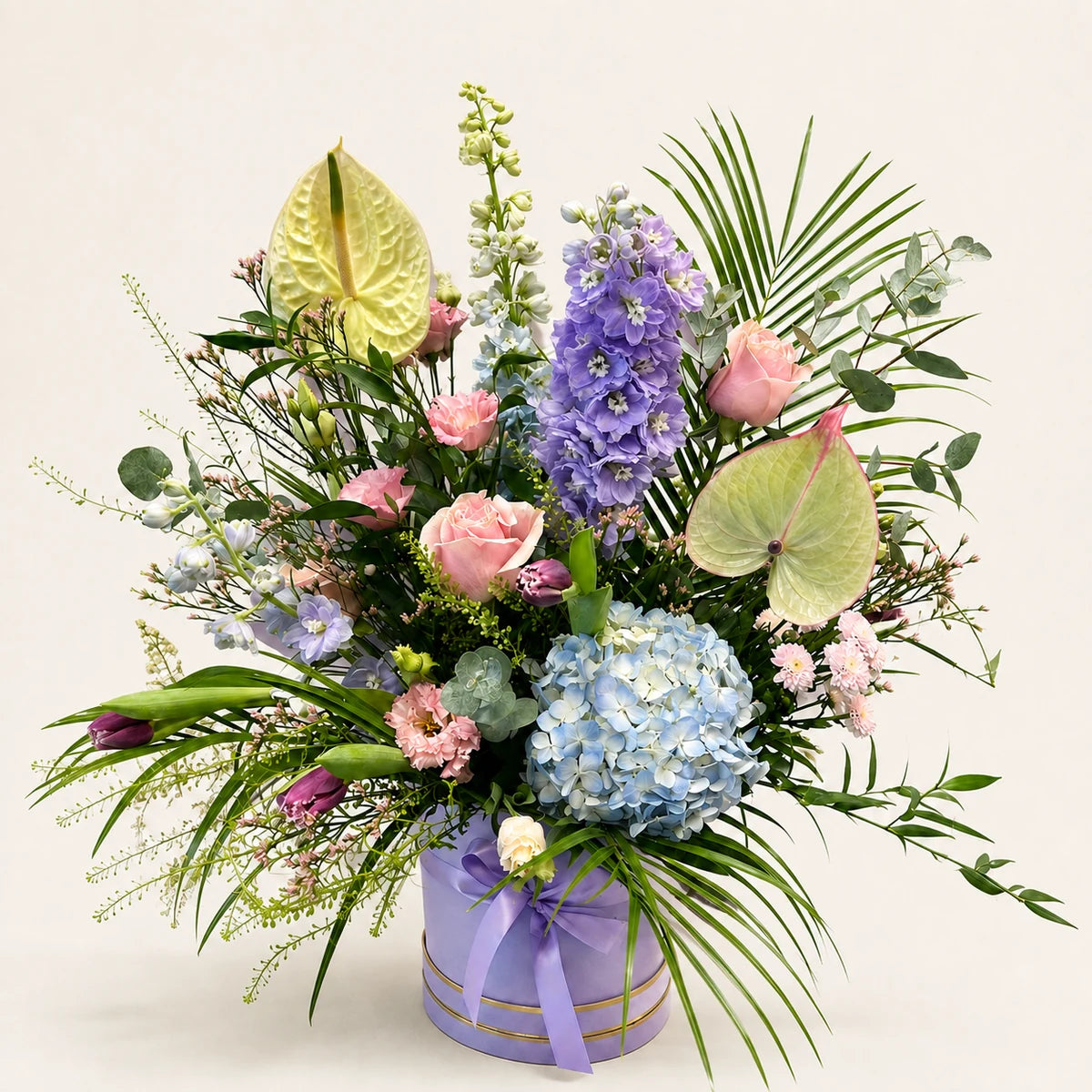 Pastel Signature Hatbox with blue hydrangea, lilac delphinium, pink roses and pale anthuriums in a ribboned lilac box