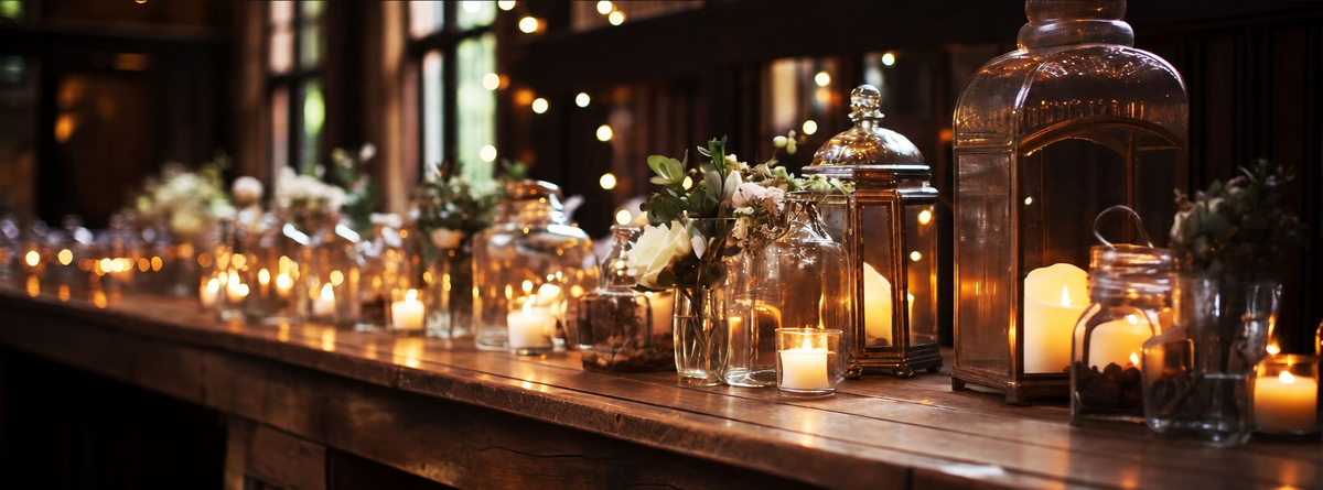 Candles, lanterns and white flowers on a wooden table