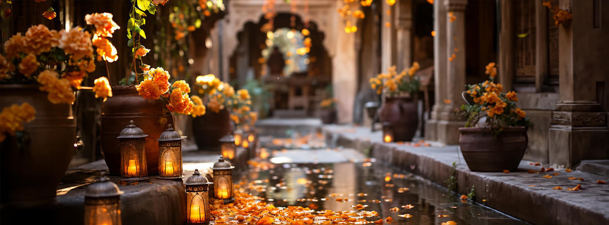 Golden flowers and lanterns beside a reflective stone walkway