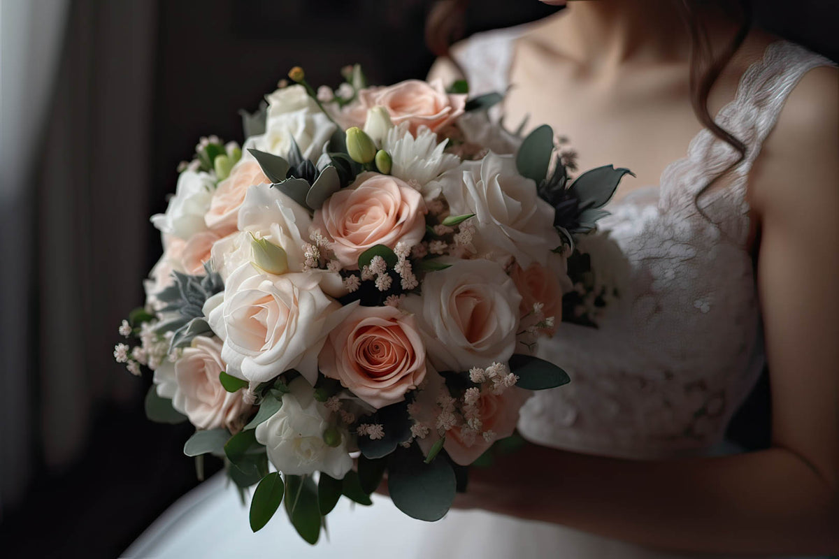 Bride holding a rounded bouquet of peach roses, white flowers and eucalyptus leaves.