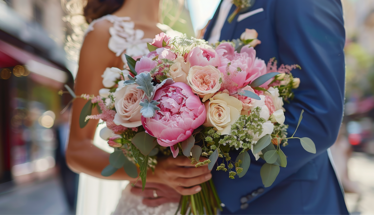Bride holding a rounded bouquet of pink peonies and roses with green foliage.