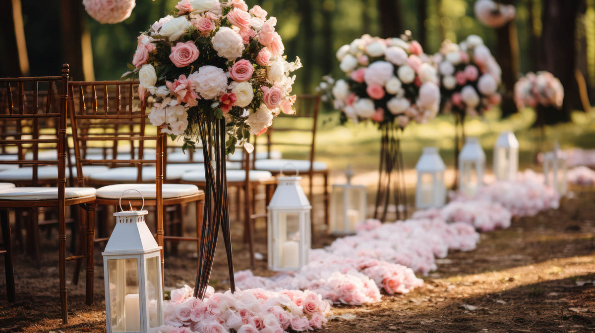 Pink and white rose arrangements on tall stands lining an outdoor wedding aisle with petals and lanterns.