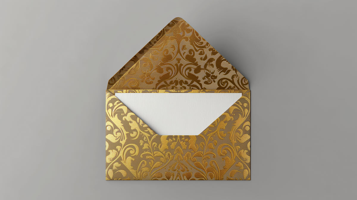 Blank white greetings card inside an open gold floral-patterned envelope