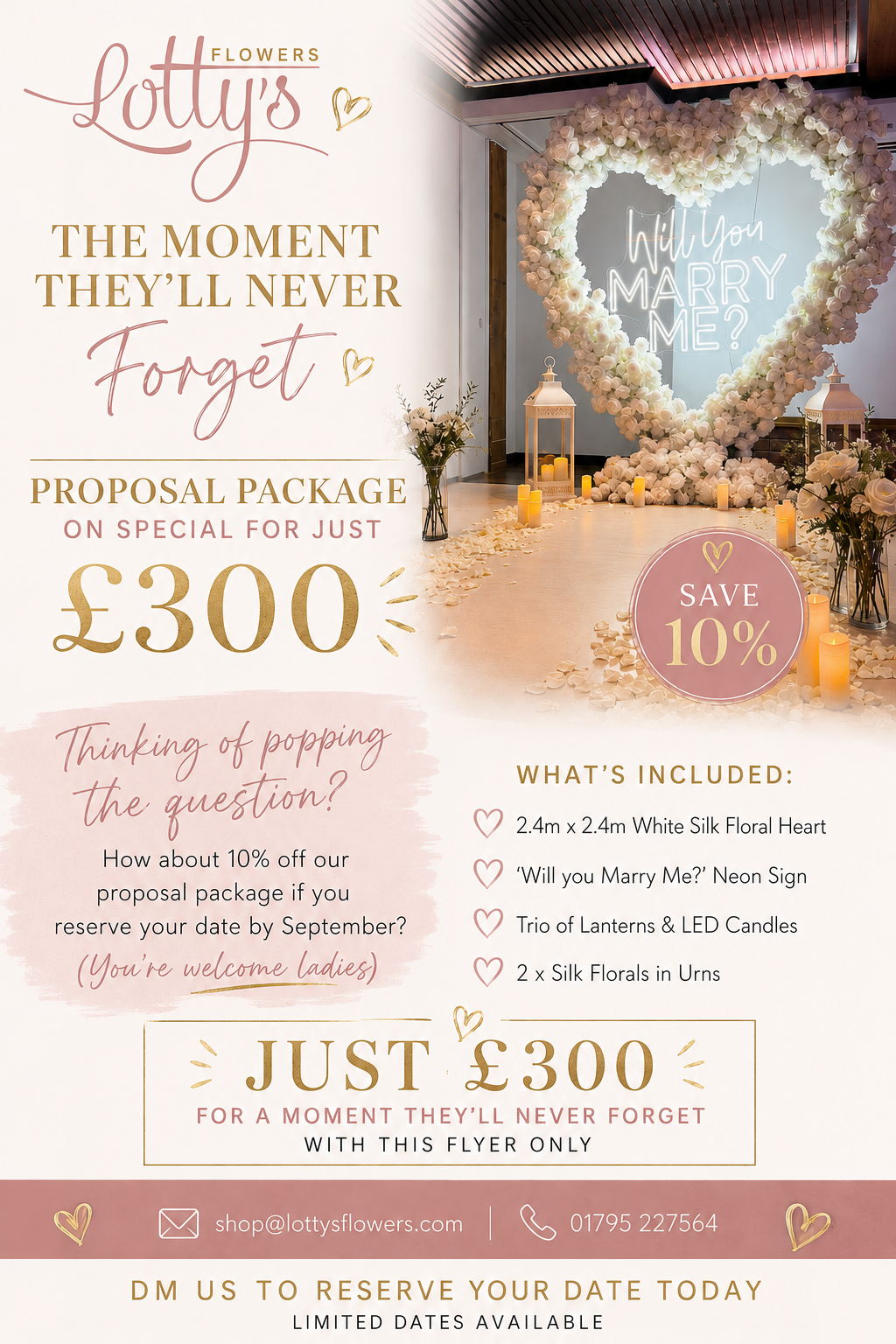 Proposal package promotional flyer showing a white floral heart, neon sign, lanterns and floral urns.