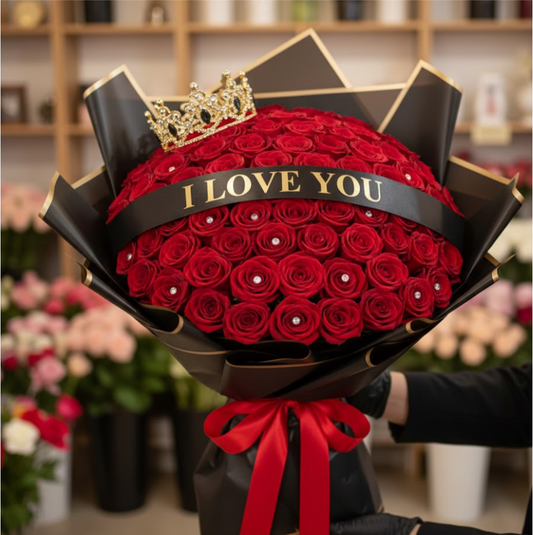 Red rose bouquet decorated with a small crown and an I love you ribbon.