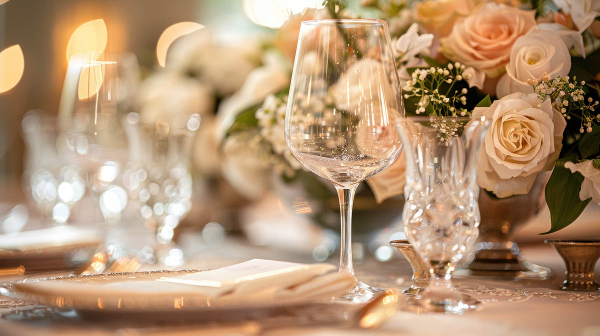 Glassware and table decorations arranged for a wedding reception.
