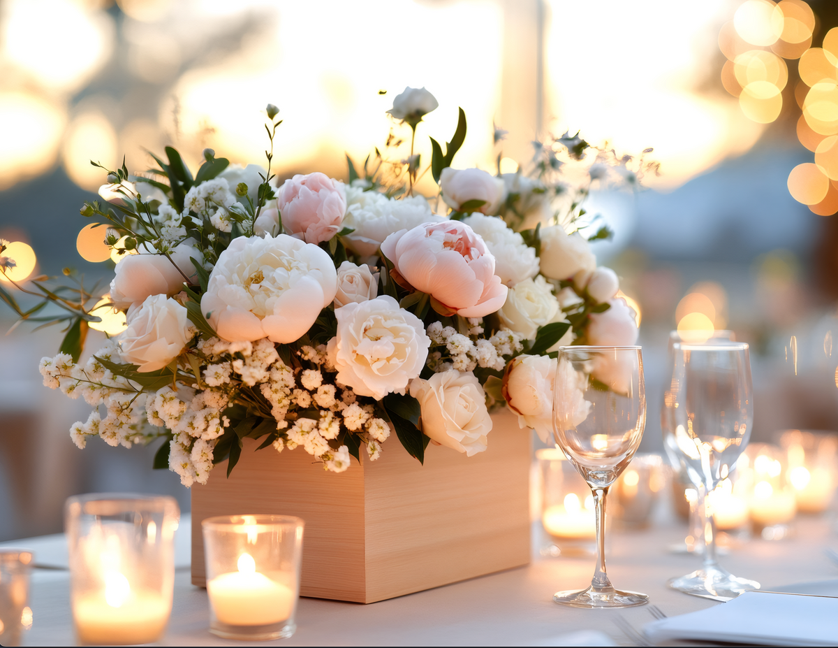 White peony flowers arranged as an elegant wedding table centrepiece.